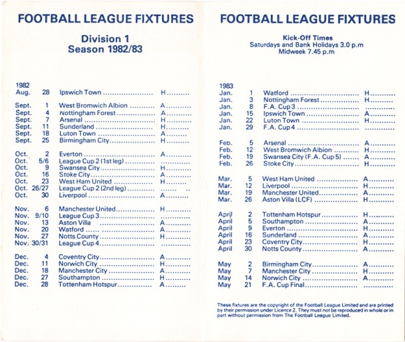 1982/83 Fixture Card 2